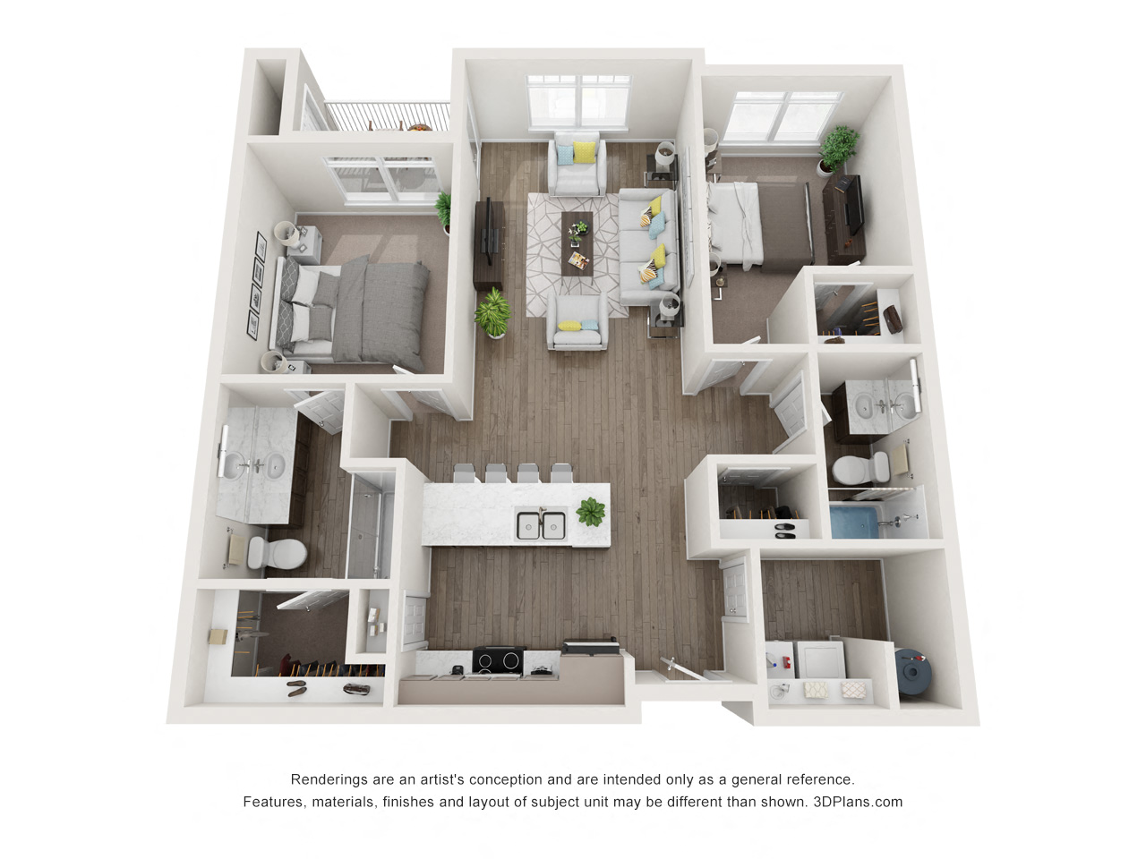 Floor plan for 2 beds, 2 baths, 1057 sqft